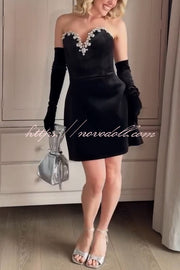 Ines Luxurious Velvet Jewel-encrusted Sweetheart Off Shoulder Neck Tulip Stretch Mini Dress