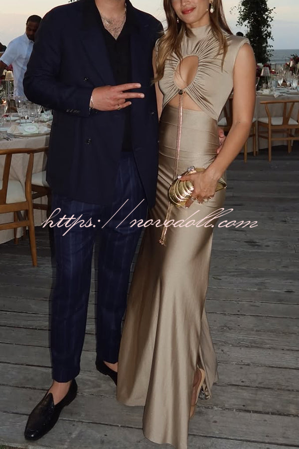 Genis Hollow Elastic Bust High Neck Sleeveless Gathered Maxi Dress