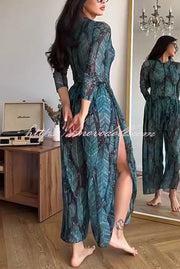 Unique Print One-piece Swimsuit and Cardigan and High Rise Pants Three-piece Set
