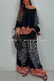 Unique Print Loose Drawstring Long Sleeve Top and Elastic Waist Casual Pocket Wide Leg Pants Set