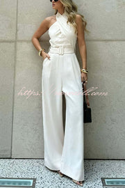 Solid Color Halterneck Sleeveless Waisted Casual Pocket Straight Jumpsuit