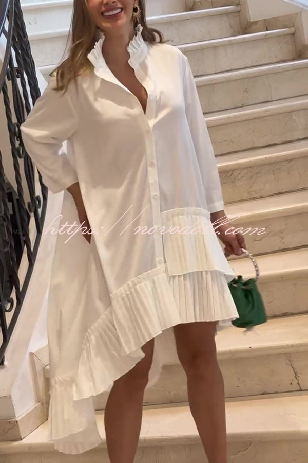 Solid Color Palace Style Loose Irregular Pleated Hem Mini Dress