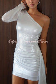 Sexy Asymmetric One-sleeve Pleated Stretch Slim Mini Dress