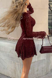 Fashionable Lace Long-sleeved V-neck Slim-fit Mini Dress