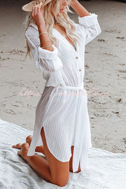 Solid Color Loose Long-sleeved Shirt-style Lace-up Cover-ups