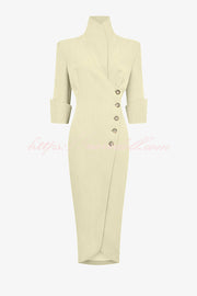 Elegant Look Linen Blend Stand Lapel Neck Half Sleeve Side Button Midi Dress