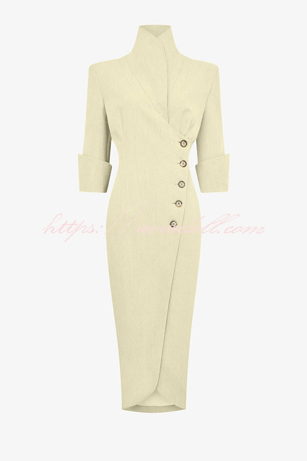 Elegant Look Linen Blend Stand Lapel Neck Half Sleeve Side Button Midi Dress