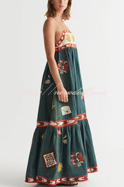 Unique Printed Sexy Suspender Backless Large Hem Maxi Dress