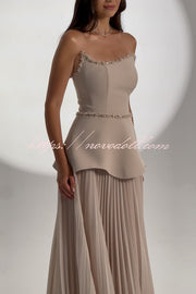 Capture The Moment Gem Trim Pleated Hem Strapless Maxi Dress