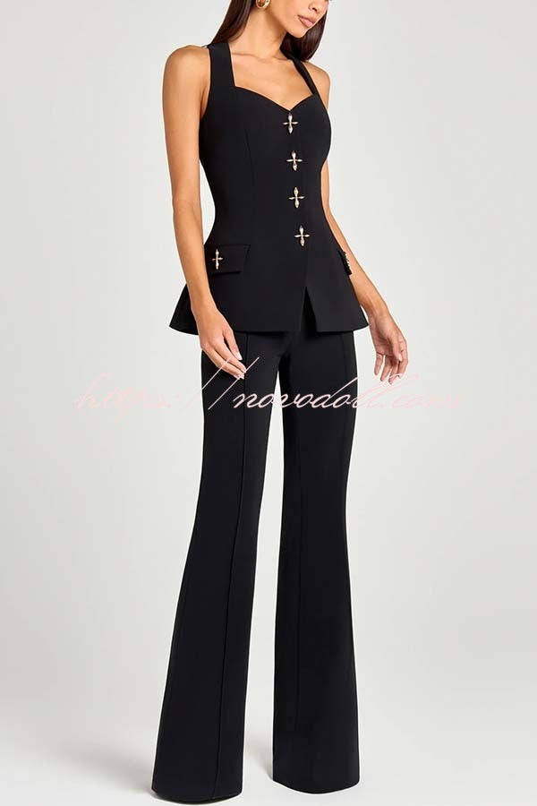 Women Power Metal Cross Snap Button Sweetheart Neck Wide Strap Vest