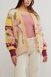 Floral Pattern Loose Long-sleeved Knitted Cardigan