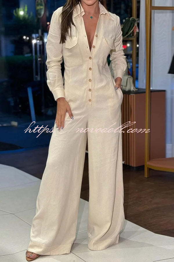 Linen Blend Lapel Long Sleeve Button Pocket Wide Leg Jumpsuit