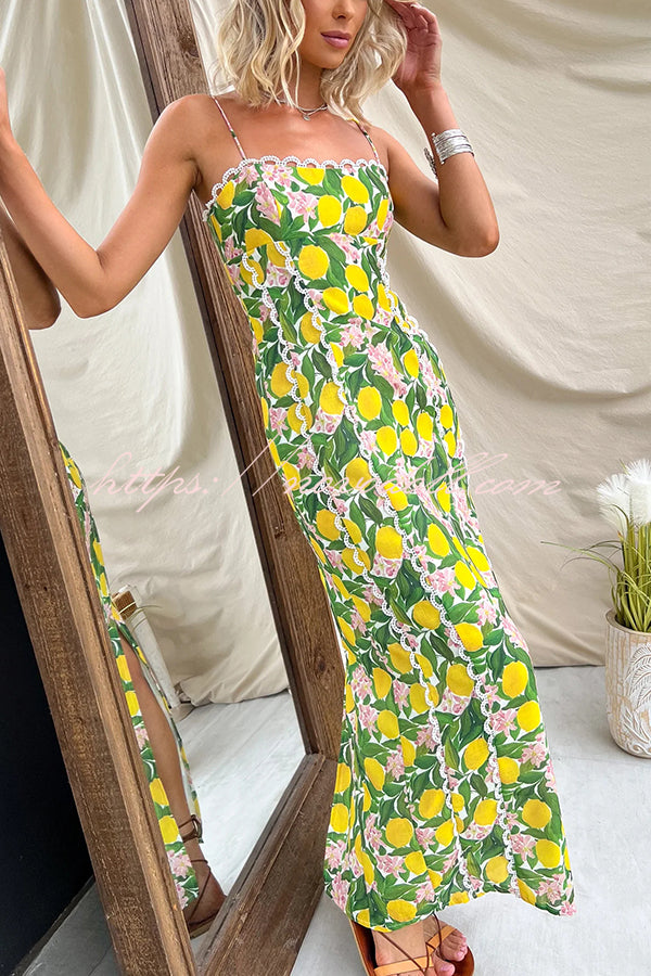 Summer Lemon Print Scalloped Lace Trim Suspender Slim Maxi Dress