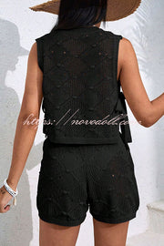 Solid Color Sleeveless Tie Knitted Vest and Loose Elastic Waist Drawstring Shorts Set