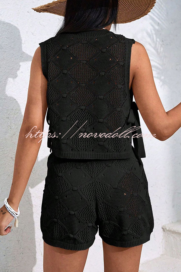 Solid Color Sleeveless Tie Knitted Vest and Loose Elastic Waist Drawstring Shorts Set