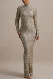 Galaxy Premium Sequin Turtle Neck Long Sleeve Maxi Dress