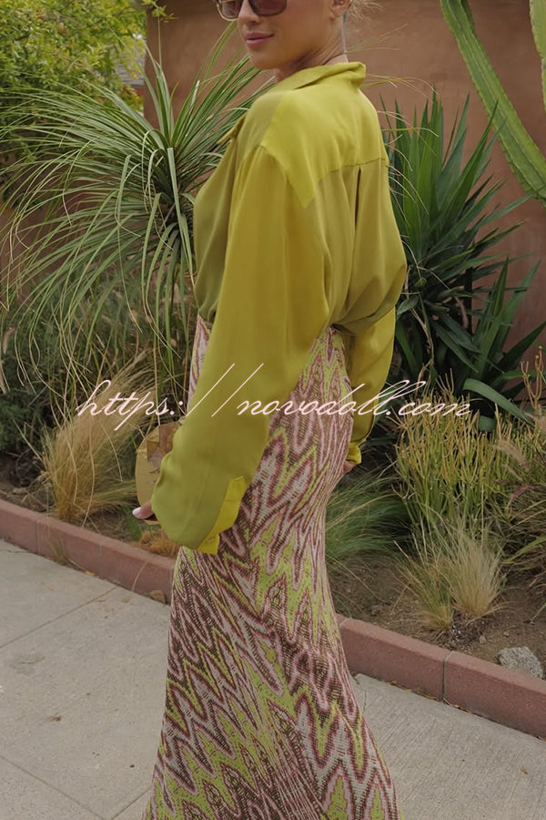 Moonlit Waltz Knit Jacquard Zigzag Print High Rise Stretch Flare Maxi Skirt