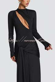Sexy Cutout Fitted Long-sleeved Pleated Satin Ribbon Maxi Dresses