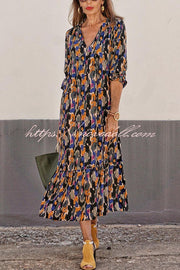 Multicolor Color Block Print V-neck Loose Resort Midi Dress