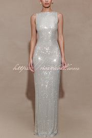 Holiday Nights Sequin Boat Neck Sleeveless Slit Maxi Dress