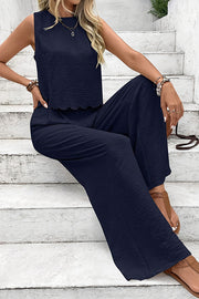 Solid Color Sleeveless Back Tie Vest and Elastic Waist Pocket Straight Pants Set