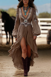 Retro V-neck Lantern Sleeve Ruffled Irregular Hem Maxi Dress