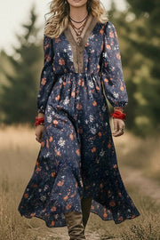 Bohemian Floral Print V-neck Long-sleeved Maxi Dress