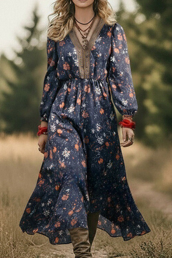 Bohemian Floral Print V-neck Long-sleeved Maxi Dress
