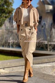 Work Style Lapel Long Sleeve Jacket and Button Belt Pocketed Slit Midi Skirt Set