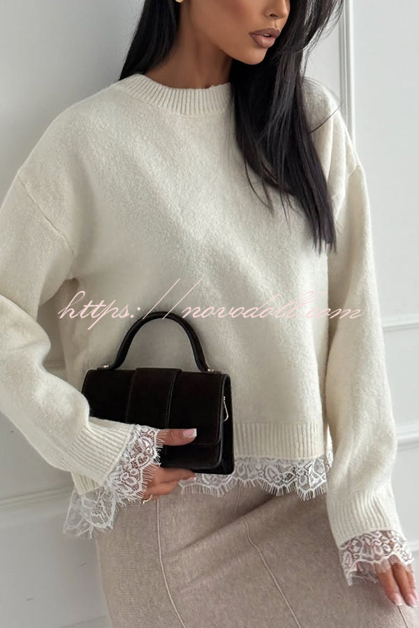 Caitlin Knit Lace Trim Patchwork Long Sleeve Back Slit Relaxed Sweater