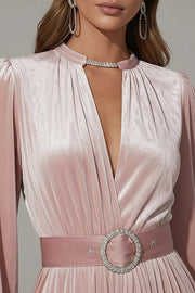 Solid Color Velvet V-neck Long-sleeved Belted Elegant Maxi Dress