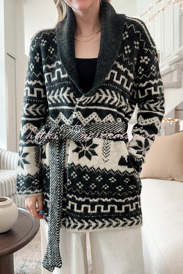 Winter Snowflake Waist Tie Lapel Midi Pocket Knit Cardigan