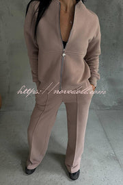 Solid Color Casual Long Sleeve Zipper Jacket and Elastic Waist Pocket Wide Leg Pants Set