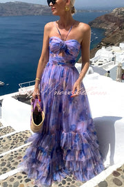 Dreamy Clouds Tulle Printed Rose Detail Cutout Ruffles Tiered Halter Maxi Dress
