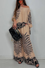 Unique Print Loose Drawstring Long Sleeve Top and Elastic Waist Casual Pocket Wide Leg Pants Set