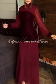 Hildie Chiffon and Two-piece Velvet Lace-up Bra High Neck Long Sleeve Maxi Dress