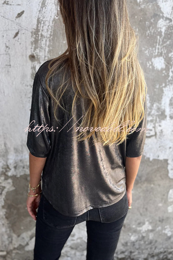 Metallic Solid Color Round Neck Short-sleeved Loose T-shirt