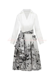 Jiles Linen Blend Unique Contrast Print Long Sleeve Tie-up Pocket Shirt Midi Dress