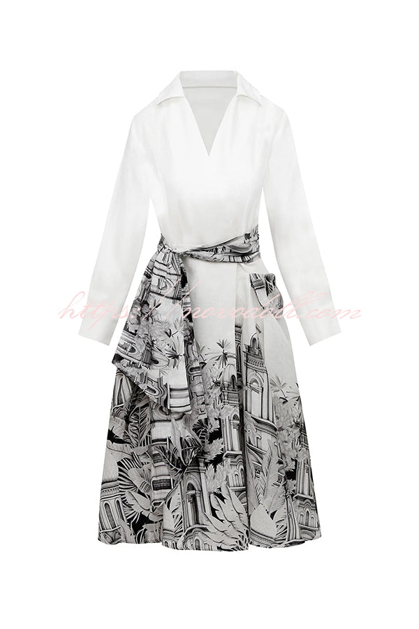 Jiles Linen Blend Unique Contrast Print Long Sleeve Tie-up Pocket Shirt Midi Dress
