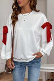 Christmas Contrast Bow Decoration Round Neck Long Sleeve Loose Sweatshirt