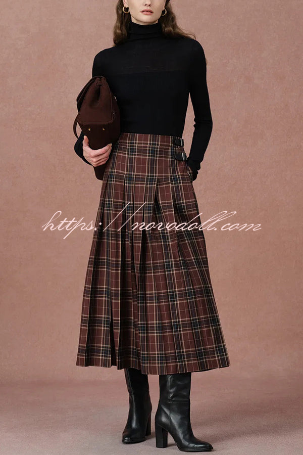 Yehudit Plaid Belt Buckle Design High Rise Pocket Midi Umbrella Skirt