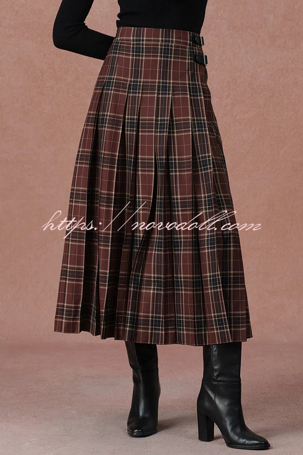 Yehudit Plaid Belt Buckle Design High Rise Pocket Midi Umbrella Skirt