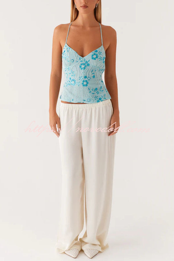 Dazzling Sequin Beaded Material Back Lace-up Loose Tank