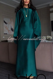 Dignified and Elegant Satin Batwing Sleeve with Waist Tie Design A-line Maxi Dress