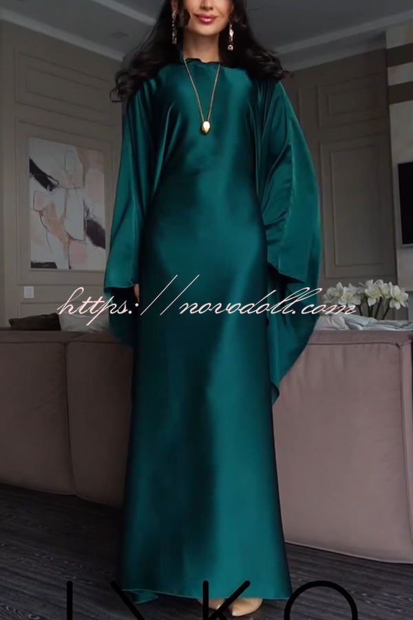 Dignified and Elegant Satin Batwing Sleeve with Waist Tie Design A-line Maxi Dress