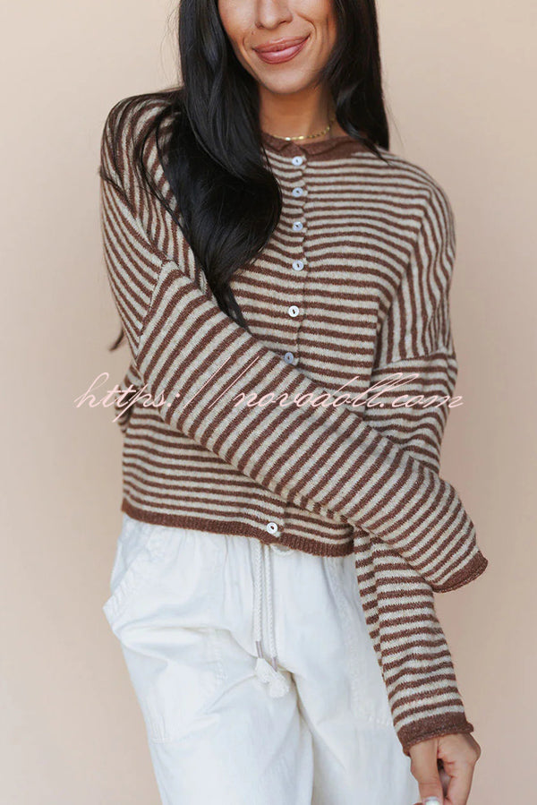 Fashionable Contrast Striped Casual Long-sleeved Knitted Cardigan