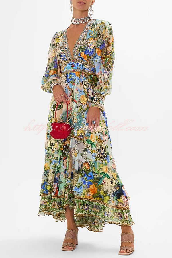 Fairy Tale Print V-Neck Lantern Sleeve Waist Maxi Dress