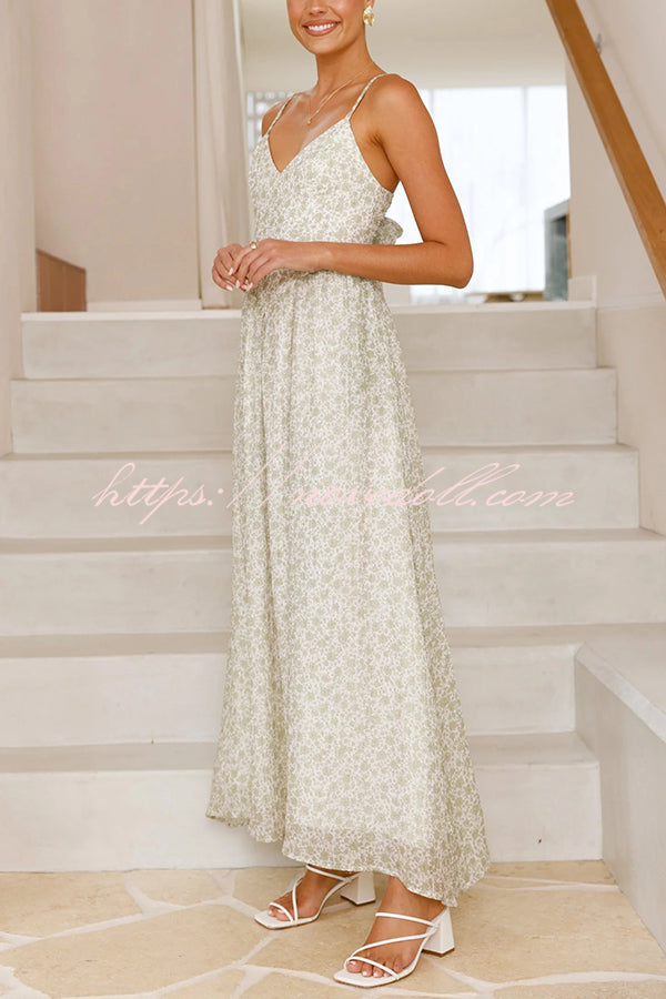 Floral Print V-Neck Sleeveless Back Tie Pocket Maxi Dress