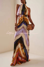 Unique Print Sleeveless Stretch Stand Collar Top and Elegant Maxi Skirt Set