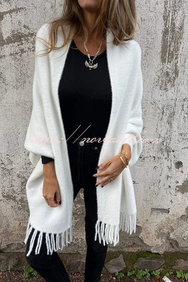 Warm Corner Knit Plush Tassel Trim Relaxed Shawl Cardigan